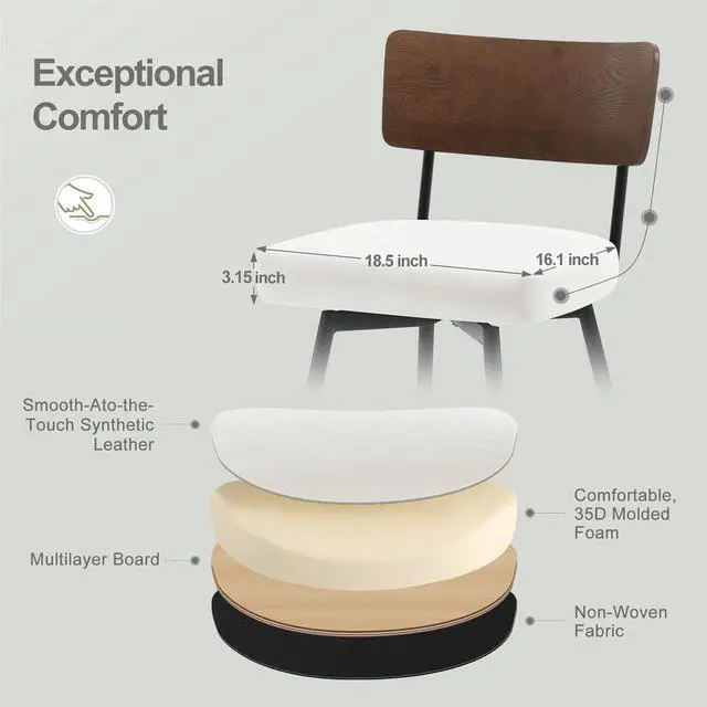 Alt view image 4 of 7 - Counter Height Swivel Bar Stools Set of 3, Upholstered Faux Leather Barstools with Wood Backs and Metal Legs, 26" Seat Height Counter Bar Stool for Kitchen Island, White