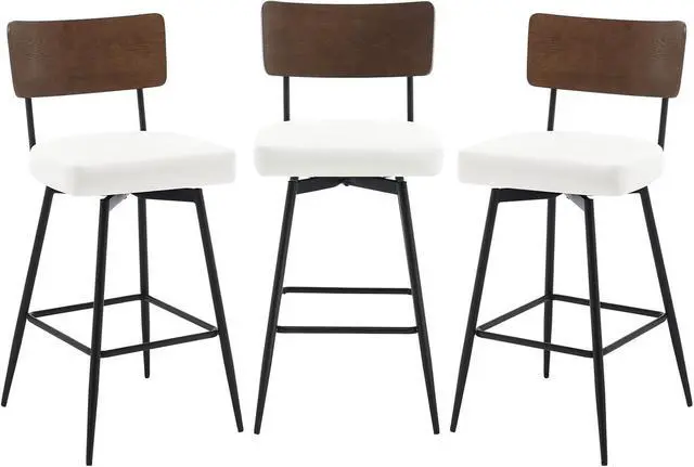 Alt view image 6 of 7 - Counter Height Swivel Bar Stools Set of 3, Upholstered Faux Leather Barstools with Wood Backs and Metal Legs, 26" Seat Height Counter Bar Stool for Kitchen Island, White