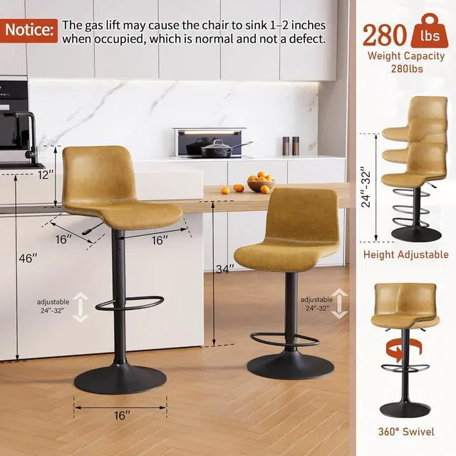 Alt view image 2 of 6 - HeuGah Swivel Bar Stools Set of 2, Adjustable Counter Height Barstools with Back, Brown Faux Leather Bar Chairs for Kitchen Island (Whiskey Brown, Set of 2 (24'' to 32''))