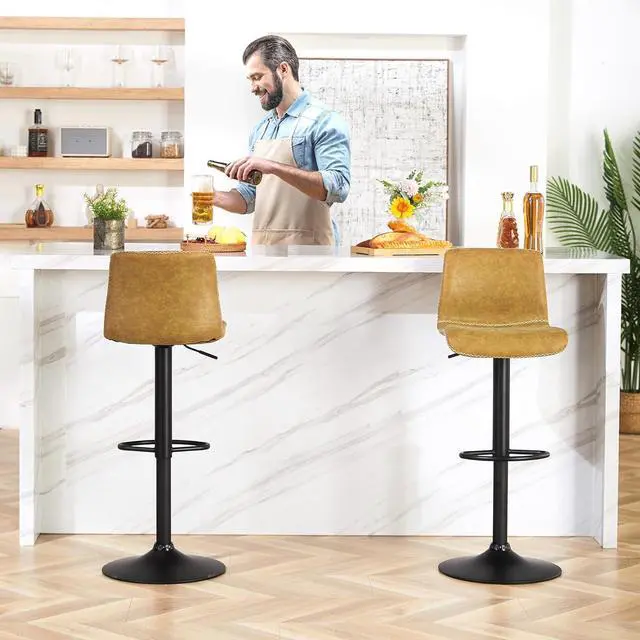Alt view image 4 of 6 - HeuGah Swivel Bar Stools Set of 2, Adjustable Counter Height Barstools with Back, Brown Faux Leather Bar Chairs for Kitchen Island (Whiskey Brown, Set of 2 (24'' to 32''))