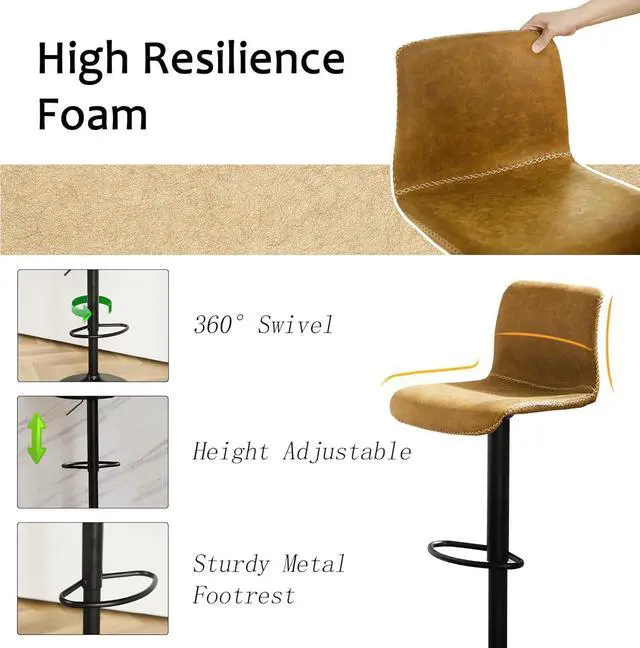 Alt view image 5 of 6 - HeuGah Swivel Bar Stools Set of 2, Adjustable Counter Height Barstools with Back, Brown Faux Leather Bar Chairs for Kitchen Island (Whiskey Brown, Set of 2 (24'' to 32''))