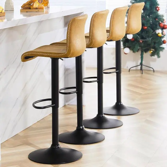 Alt view image 6 of 6 - HeuGah Swivel Bar Stools Set of 2, Adjustable Counter Height Barstools with Back, Brown Faux Leather Bar Chairs for Kitchen Island (Whiskey Brown, Set of 2 (24'' to 32''))