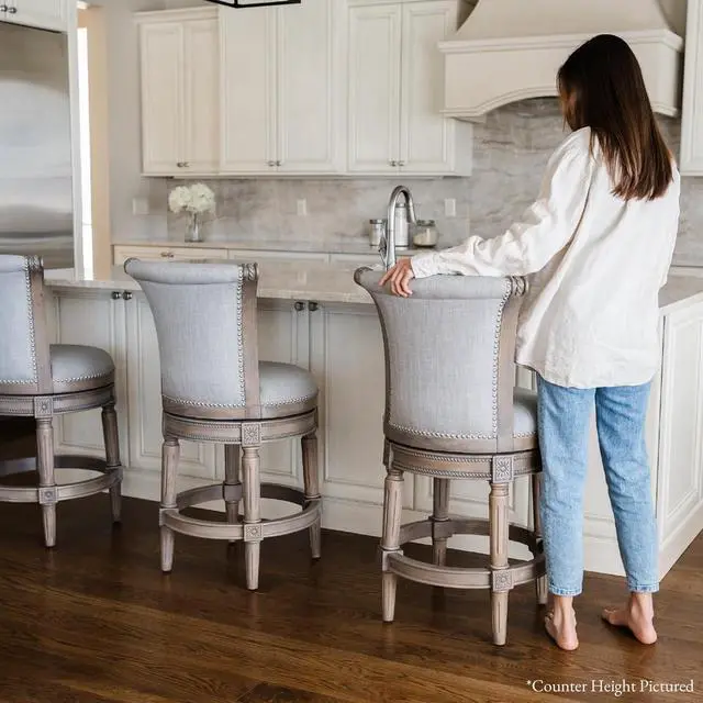 Alt view image 7 of 7 - Maven Lane Pullman Bar Stool  31 Inch Swivel Stool with Footrest  Grey Solid Wood Frame & Grey Fabric Upholstery  Perfect for Bars, Pub Tables & Tall Kitchen Counters