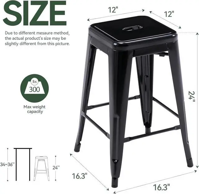 Alt view image 3 of 7 - Vogue Furniture Direct 24" Bar Stools Black Backless Metal Barstools Indoor-Outdoor Counter Height Stools with Square Seat, Set of 2 - VF1571001