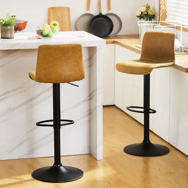 Alt view image 3 of 6 - HeuGah Swivel Bar Stools Set of 2, Adjustable Counter Height Barstools with Back, Brown Faux Leather Bar Chairs for Kitchen Island (Whiskey Brown, Set of 2 (24'' to 32''))