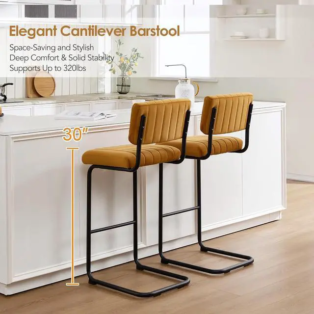 Alt view image 5 of 7 - ONEVOG 30 Inch Modern Bar Stools Set of 2, Upholstered Mid Century Modern Bar Height Stools Chairs with Tufted Cushion and Backs, Velvet Fabric Cantilever Barstools for Kitchen Island Pub