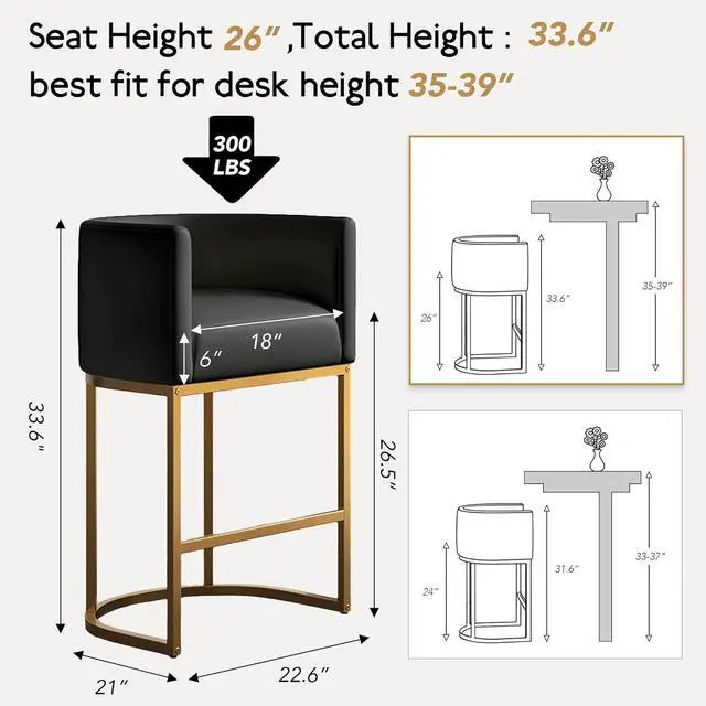 Alt view image 2 of 7 - Modern Counter Height Bar Stools,Bar Stools Set of 3,Faux Leather Upholstered Barrel Barstools with Backs,26'' Kitchen Island Chairs,Metal Gold Frames,Black Leather