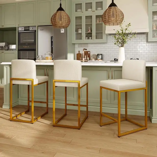 Main image of MAISON ARTS Off White & Gold Bar Stools Set of 3, Counter Height 24 Inch Barstools with Back, Modern Faux Leather Upholstered Bar Chairs for Kitchen Island & Home Bar, Metal Frame, Supports 330 lbs