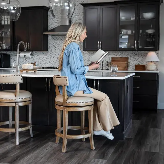 Alt view image 2 of 7 - Maven Lane Alexander Counter Stool 26 Inches Swivel Stool with Footrest Brown Solid Wood and Beige Faux Leather Upholstery Perfect for Kitchen Island and Counter