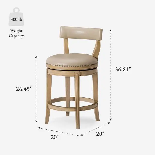 Alt view image 3 of 7 - Maven Lane Alexander Counter Stool 26 Inches Swivel Stool with Footrest Brown Solid Wood and Beige Faux Leather Upholstery Perfect for Kitchen Island and Counter