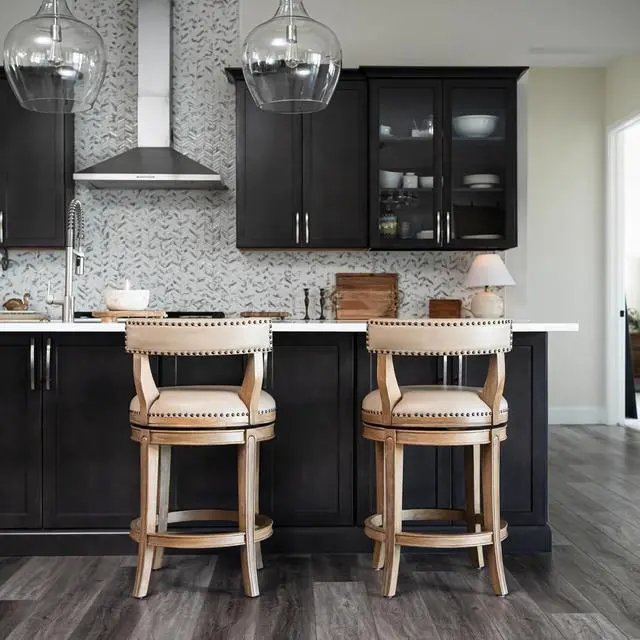 Alt view image 4 of 7 - Maven Lane Alexander Counter Stool 26 Inches Swivel Stool with Footrest Brown Solid Wood and Beige Faux Leather Upholstery Perfect for Kitchen Island and Counter