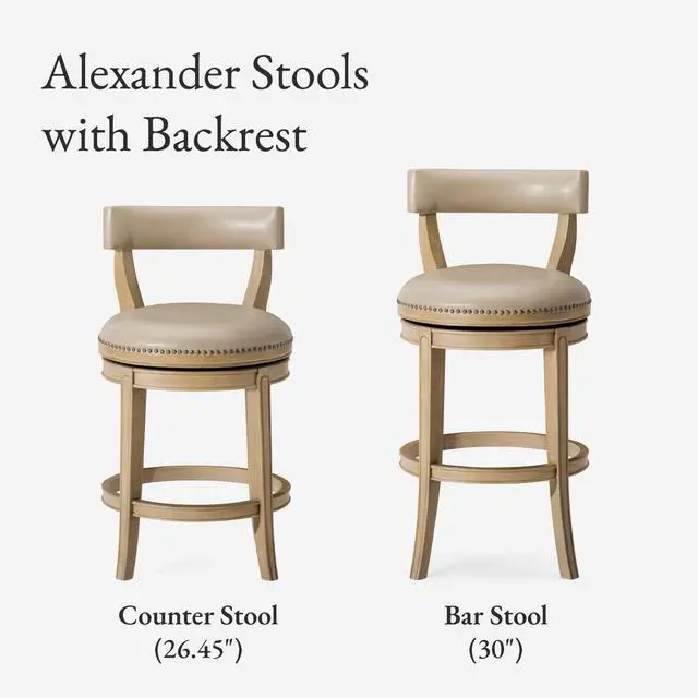 Alt view image 6 of 7 - Maven Lane Alexander Counter Stool 26 Inches Swivel Stool with Footrest Brown Solid Wood and Beige Faux Leather Upholstery Perfect for Kitchen Island and Counter