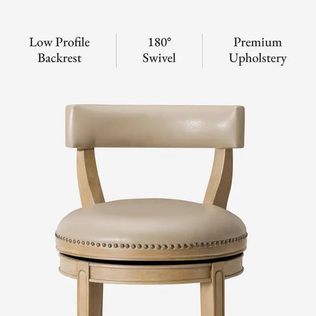 Alt view image 5 of 7 - Maven Lane Alexander Counter Stool 26 Inches Swivel Stool with Footrest Brown Solid Wood and Beige Faux Leather Upholstery Perfect for Kitchen Island and Counter