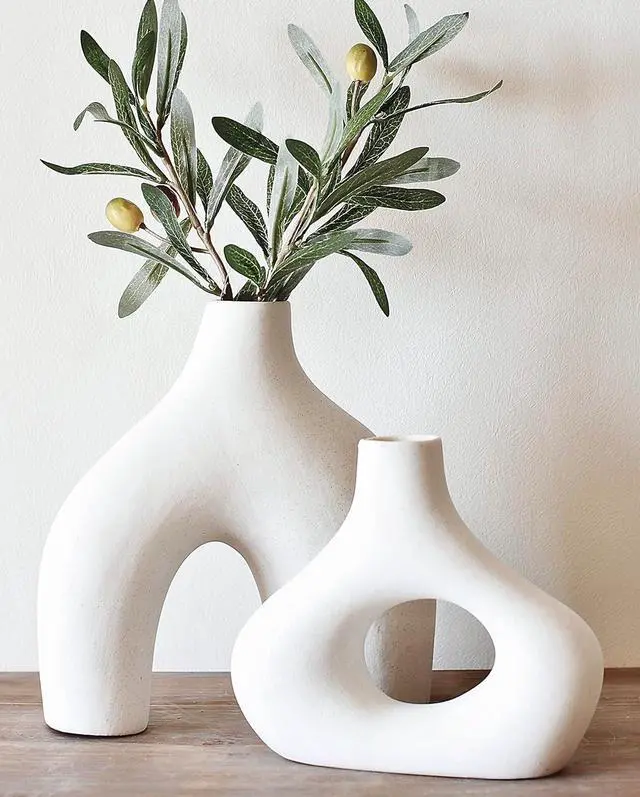 Main image of Carrot's Den Donut Vase, Set of 2 - White Large Ceramic Vase - Minimalist Nordic, Hollow | Table Centerpiece, Olive Plant, Wedding, Living Room, Bookshelf, Office, Modern Home, Entryway, Console