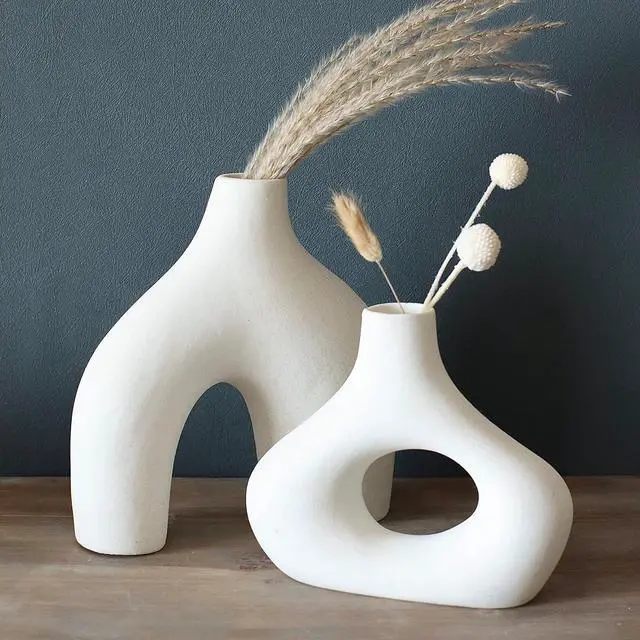 Alt view image 7 of 7 - Carrot's Den Donut Vase, Set of 2 - White Large Ceramic Vase - Minimalist Nordic, Hollow | Table Centerpiece, Olive Plant, Wedding, Living Room, Bookshelf, Office, Modern Home, Entryway, Console