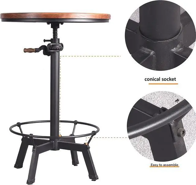 Alt view image 5 of 7 - LOKKHAN 33.5-39.4 Inch Tall Industrial Bar Table-Adjustable Bar Height Bistro Whiskey Pub Table-23.7" Dia Swivel Round Wood Top Metal Base-Easily Adjusts by Crank Handle