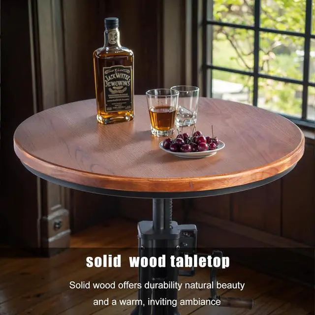 Alt view image 7 of 7 - LOKKHAN 33.5-39.4 Inch Tall Industrial Bar Table-Adjustable Bar Height Bistro Whiskey Pub Table-23.7" Dia Swivel Round Wood Top Metal Base-Easily Adjusts by Crank Handle
