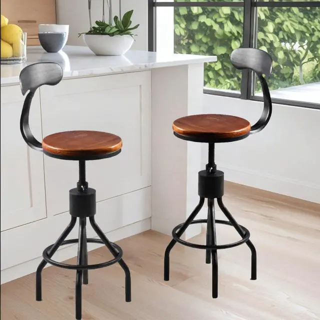 Main image of Diwhy Industrial Vintage Bar Stool, Kitchen Counter Height Adjustable Pipe Chair, Cast Iron Stool, Swivel Bar Stool with Backrest, Silver, Fully Welded Set of 2 Brown Wood Seat