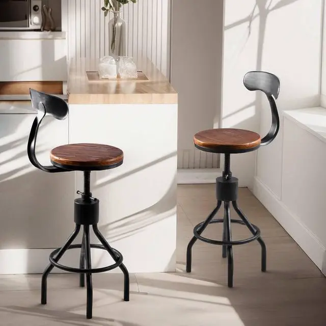 Alt view image 5 of 7 - Diwhy Industrial Vintage Bar Stool, Kitchen Counter Height Adjustable Pipe Chair, Cast Iron Stool, Swivel Bar Stool with Backrest, Silver, Fully Welded Set of 2 Brown Wood Seat