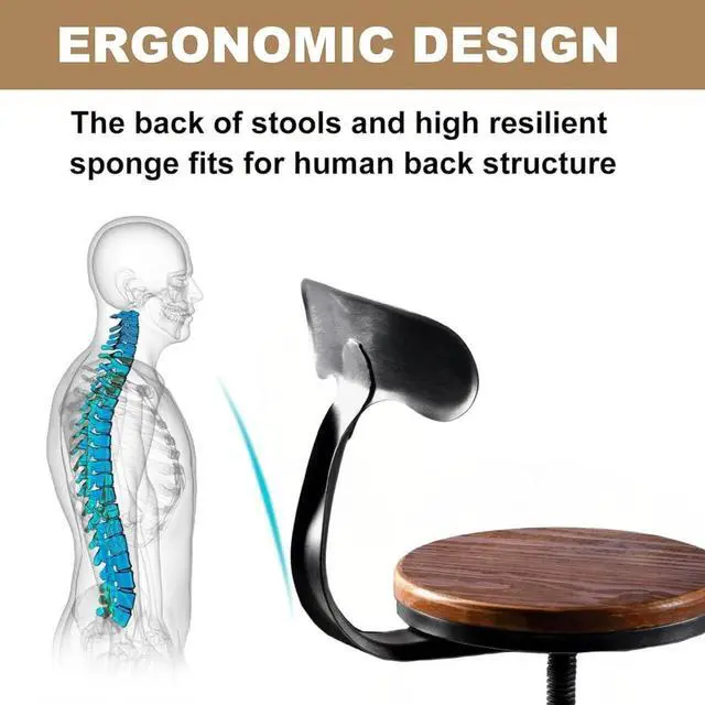 Alt view image 6 of 7 - Diwhy Industrial Vintage Bar Stool, Kitchen Counter Height Adjustable Pipe Chair, Cast Iron Stool, Swivel Bar Stool with Backrest, Silver, Fully Welded Set of 2 Brown Wood Seat