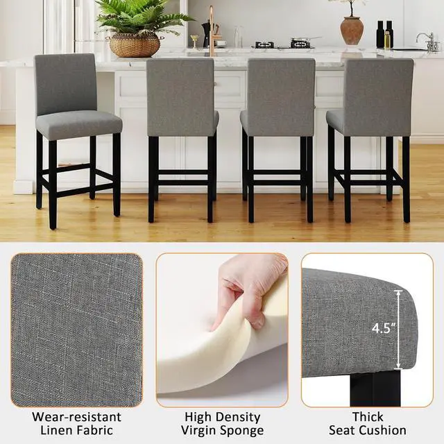 Alt view image 3 of 7 - GOTMINSI Counter Height Bar Stool, Classic Upholstered 24 Inches Counter Height Stools Set of 4 barstools with Solid Wood Legs and Grey Fabric