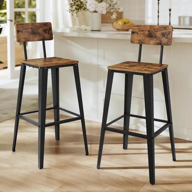 Main image of VASAGLE Set of 2 Bar Stools, Bar Height Stools, 29.1 Inches Tall Barstools with Back, Counter Bar Chairs for Kitchen Island, Steel Frame, Industrial Style, Easy Assembly, Rustic Brown and Ink Black