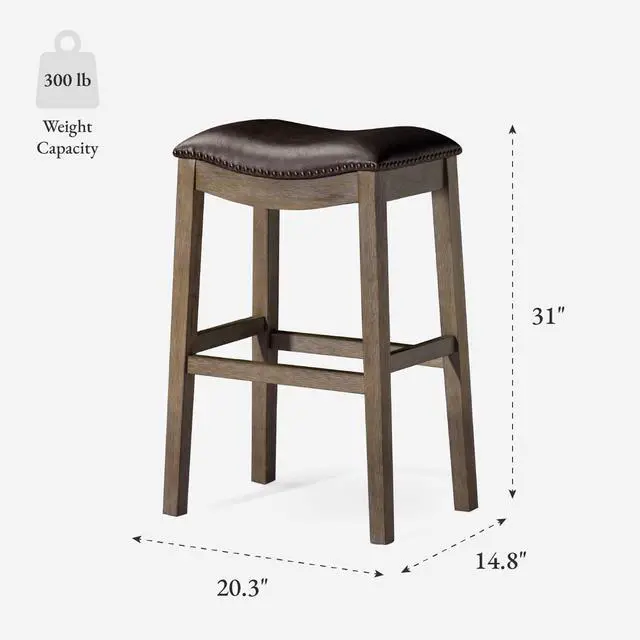 Alt view image 3 of 7 - Maven Lane Adrien Backless Bar Stool  31 Inch Saddle Seat with Footrest  Brown Solid Wood Frame & Beige Faux Leather Upholstery  Ideal for Bars, Pub Tables & Tall Kitchen Counters