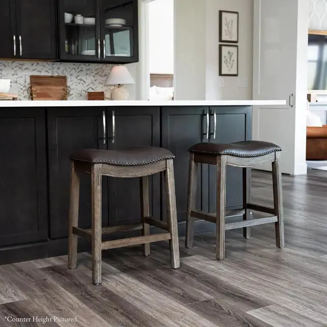 Alt view image 4 of 7 - Maven Lane Adrien Backless Bar Stool  31 Inch Saddle Seat with Footrest  Brown Solid Wood Frame & Beige Faux Leather Upholstery  Ideal for Bars, Pub Tables & Tall Kitchen Counters