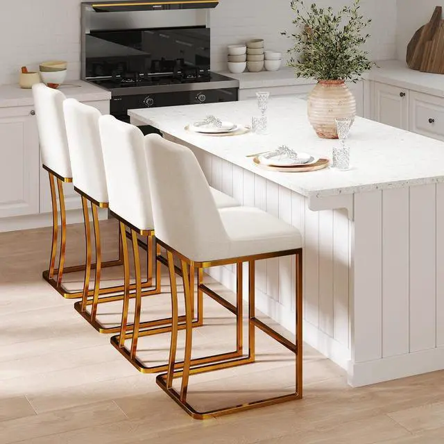 Alt view image 4 of 7 - LSSBOUGHT Counter Height Bar Stools Set of 4 24'' Upholstered Padded Barstools with Back Leathaire Counter stools for Kitchen Island Chairs with Gold Metal Iron Frame, Beige