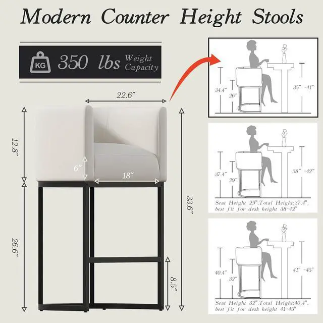 Alt view image 2 of 6 - Modern Counter Height Bar Stools,Bar Stools Set of 4,PU Leather Upholstered Barrel Barstools with Backs,26'' Kitchen Island Chairs,Metal Black Frames,Pearl Beige White Leather
