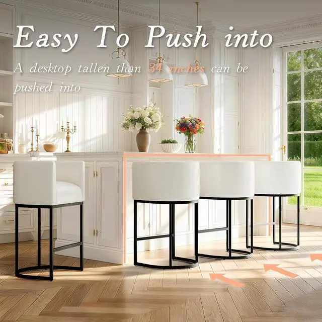 Alt view image 4 of 6 - Modern Counter Height Bar Stools,Bar Stools Set of 4,PU Leather Upholstered Barrel Barstools with Backs,26'' Kitchen Island Chairs,Metal Black Frames,Pearl Beige White Leather