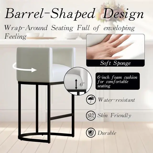 Alt view image 5 of 6 - Modern Counter Height Bar Stools,Bar Stools Set of 4,PU Leather Upholstered Barrel Barstools with Backs,26'' Kitchen Island Chairs,Metal Black Frames,Pearl Beige White Leather