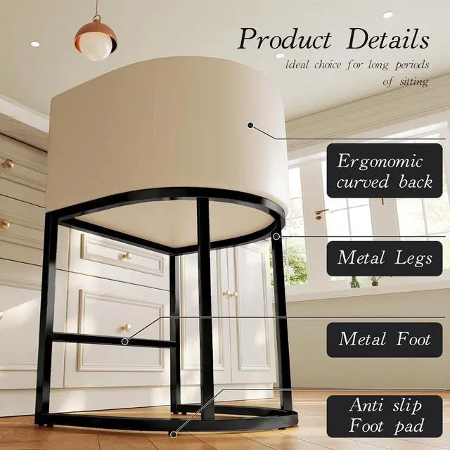 Alt view image 6 of 6 - Modern Counter Height Bar Stools,Bar Stools Set of 4,PU Leather Upholstered Barrel Barstools with Backs,26'' Kitchen Island Chairs,Metal Black Frames,Pearl Beige White Leather