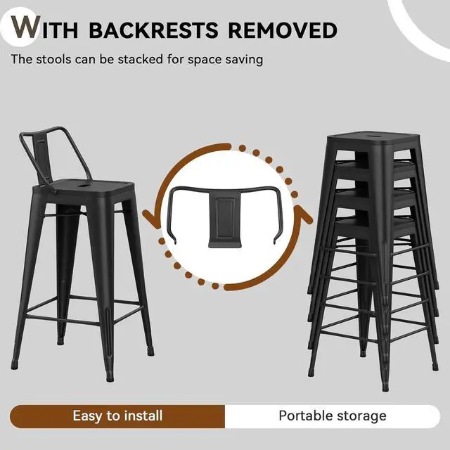 Alt view image 4 of 7 - Changjie Furniture Metal Barstools Set of 4 Industrial Bar Stools with X-brace Support, Matte Black, 30 inch