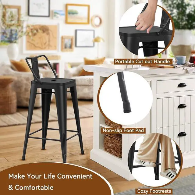 Alt view image 5 of 7 - Changjie Furniture Metal Barstools Set of 4 Industrial Bar Stools with X-brace Support, Matte Black, 30 inch