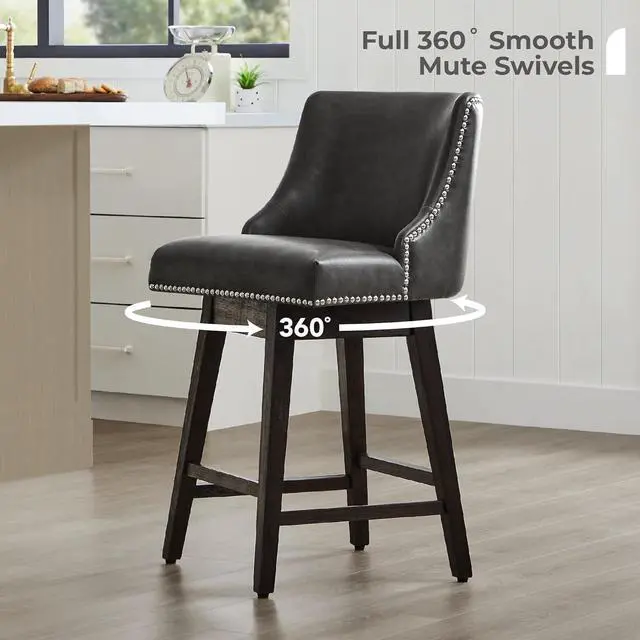 Alt view image 4 of 7 - CHITA Counter Height Swivel Bar Stools Set of 2, FSC Certified Upholstered Counter Stools, Modern Swivel Barstools with Wood Legs for Kitchen Island, 26" Seat Height, Faux Leather in Retro Grey