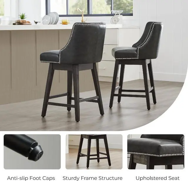 Alt view image 5 of 7 - CHITA Counter Height Swivel Bar Stools Set of 2, FSC Certified Upholstered Counter Stools, Modern Swivel Barstools with Wood Legs for Kitchen Island, 26" Seat Height, Faux Leather in Retro Grey