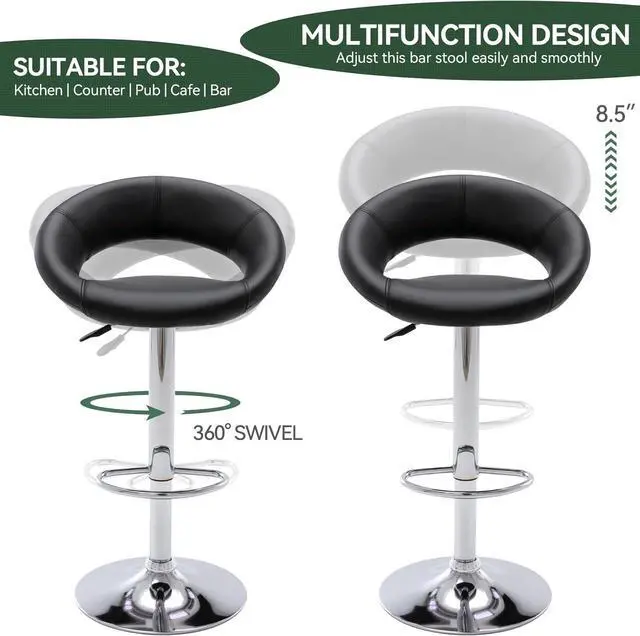 Alt view image 3 of 7 - Vogue Furniture Direct Adjustable Bar Stools, Modern Cute PU Leather Swivel Barstools with Hollow Back, Airlift Counter Height Bar Chairs for Kitchen Dining Pub Cafe, Set of 2 (Black)