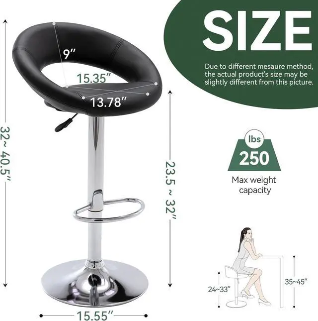 Alt view image 6 of 7 - Vogue Furniture Direct Adjustable Bar Stools, Modern Cute PU Leather Swivel Barstools with Hollow Back, Airlift Counter Height Bar Chairs for Kitchen Dining Pub Cafe, Set of 2 (Black)