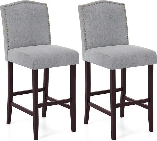 Main image of COSTWAY Bar Stools Set of 2, 30 Bar Height Stools w/Solid Rubber Wood Frame, Nailhead Trim, Built-in Footrests, Upholstered Bar Chairs, Linen Fabric Island Chairs for Kitchen, Dining Room, Pub, Grey