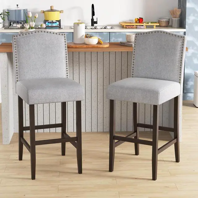 Alt view image 2 of 7 - COSTWAY Bar Stools Set of 2, 30 Bar Height Stools w/Solid Rubber Wood Frame, Nailhead Trim, Built-in Footrests, Upholstered Bar Chairs, Linen Fabric Island Chairs for Kitchen, Dining Room, Pub, Grey