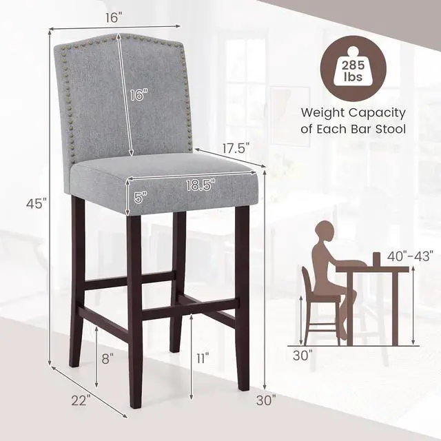 Alt view image 3 of 7 - COSTWAY Bar Stools Set of 2, 30 Bar Height Stools w/Solid Rubber Wood Frame, Nailhead Trim, Built-in Footrests, Upholstered Bar Chairs, Linen Fabric Island Chairs for Kitchen, Dining Room, Pub, Grey