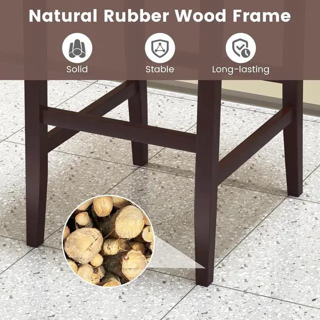 Alt view image 4 of 7 - COSTWAY Bar Stools Set of 2, 30 Bar Height Stools w/Solid Rubber Wood Frame, Nailhead Trim, Built-in Footrests, Upholstered Bar Chairs, Linen Fabric Island Chairs for Kitchen, Dining Room, Pub, Grey