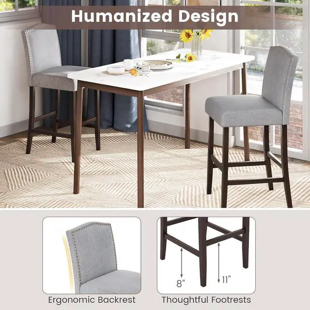 Alt view image 6 of 7 - COSTWAY Bar Stools Set of 2, 30 Bar Height Stools w/Solid Rubber Wood Frame, Nailhead Trim, Built-in Footrests, Upholstered Bar Chairs, Linen Fabric Island Chairs for Kitchen, Dining Room, Pub, Grey