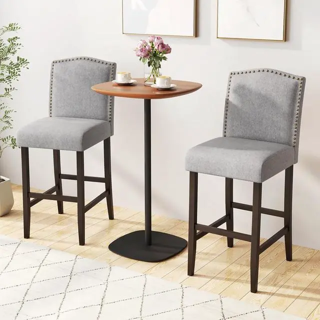 Alt view image 7 of 7 - COSTWAY Bar Stools Set of 2, 30 Bar Height Stools w/Solid Rubber Wood Frame, Nailhead Trim, Built-in Footrests, Upholstered Bar Chairs, Linen Fabric Island Chairs for Kitchen, Dining Room, Pub, Grey