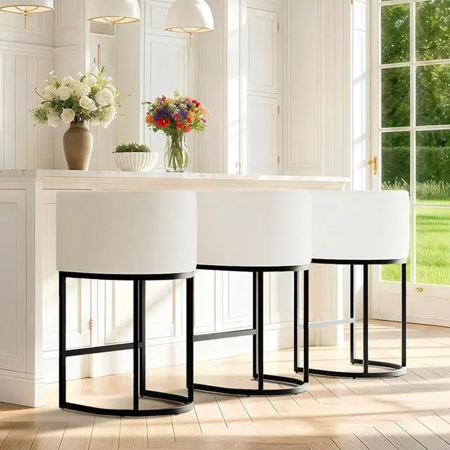 Main image of Modern Counter Height Bar Stools,Bar Stools Set of 3,Fabric Upholstered Barrel Barstools with Backs,26'' Kitchen Island Chairs,Metal Black Frames,Snowy White Linen