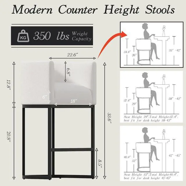 Alt view image 2 of 7 - Modern Counter Height Bar Stools,Bar Stools Set of 3,Fabric Upholstered Barrel Barstools with Backs,26'' Kitchen Island Chairs,Metal Black Frames,Snowy White Linen
