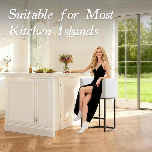 Alt view image 3 of 7 - Modern Counter Height Bar Stools,Bar Stools Set of 3,Fabric Upholstered Barrel Barstools with Backs,26'' Kitchen Island Chairs,Metal Black Frames,Snowy White Linen