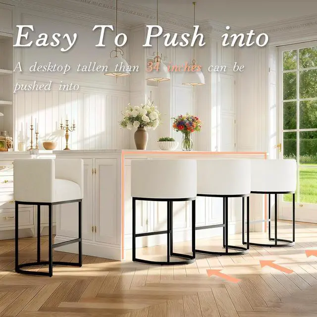 Alt view image 4 of 7 - Modern Counter Height Bar Stools,Bar Stools Set of 3,Fabric Upholstered Barrel Barstools with Backs,26'' Kitchen Island Chairs,Metal Black Frames,Snowy White Linen