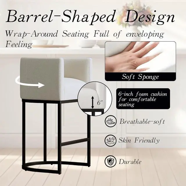 Alt view image 5 of 7 - Modern Counter Height Bar Stools,Bar Stools Set of 3,Fabric Upholstered Barrel Barstools with Backs,26'' Kitchen Island Chairs,Metal Black Frames,Snowy White Linen